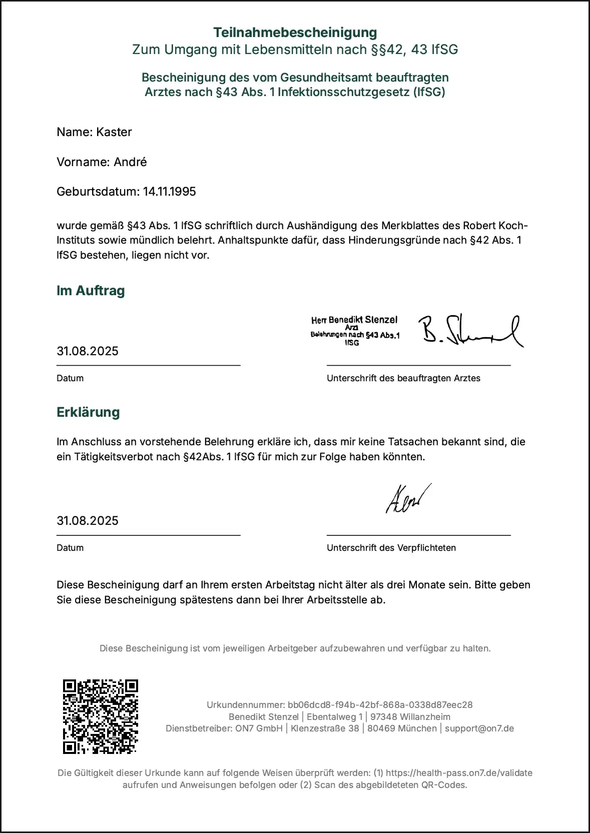 Zertifikat Gesundheitsamt