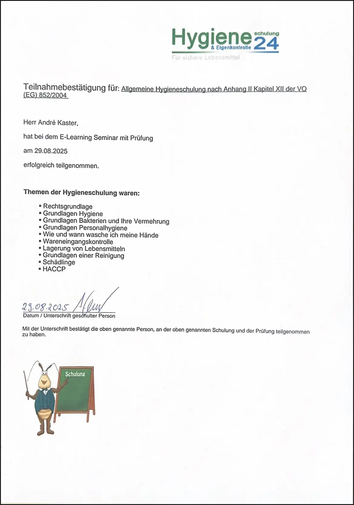 Zertifikat Hygieneschulung