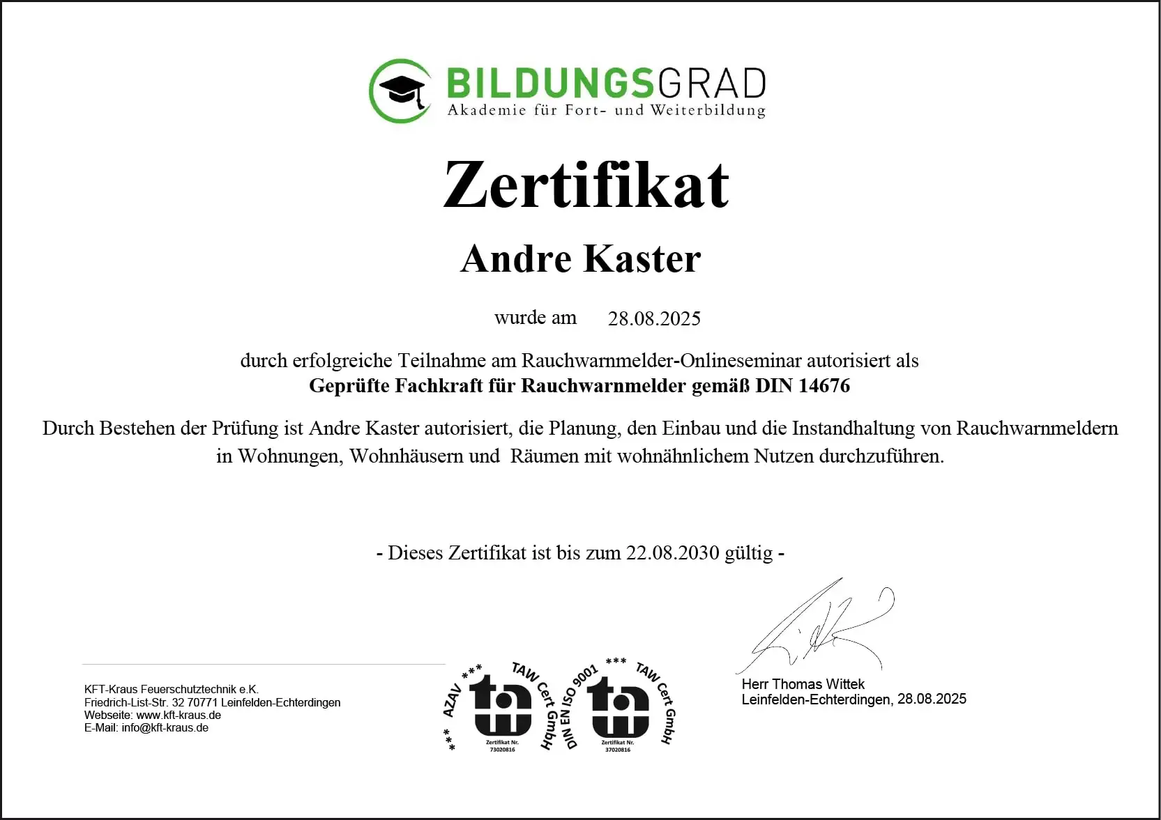 Zertifikat Rauchwarnmelder